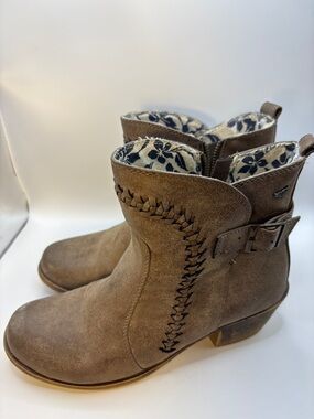 Roxy Taupe Suede Ankle Booties with Buckle and Whipstitch